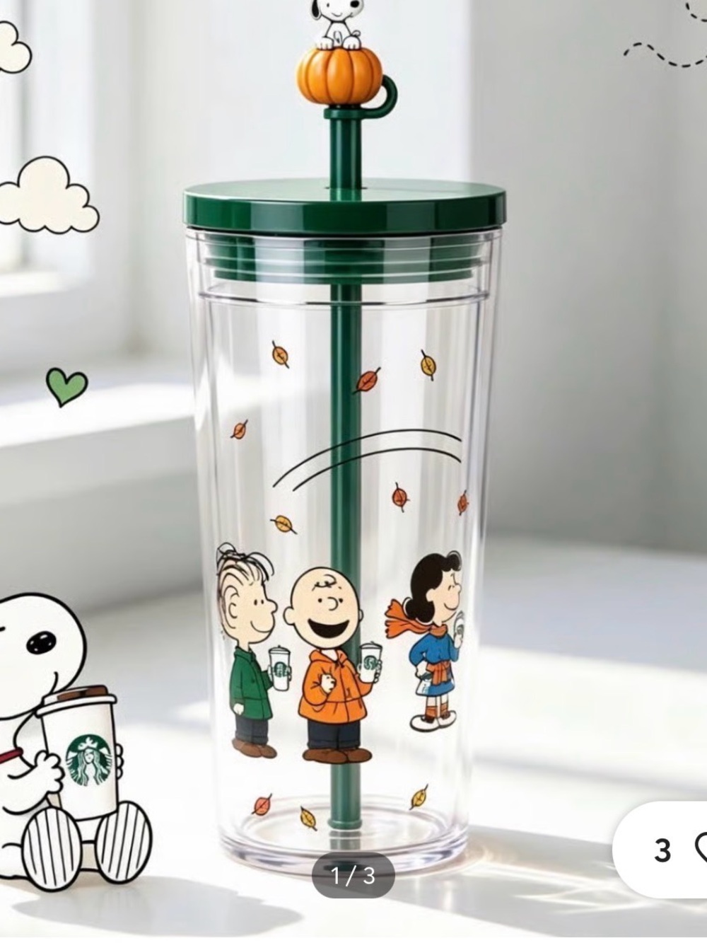 NWT! Starbucks x Peanuts 24 ounce cold cup with Snoopy topper